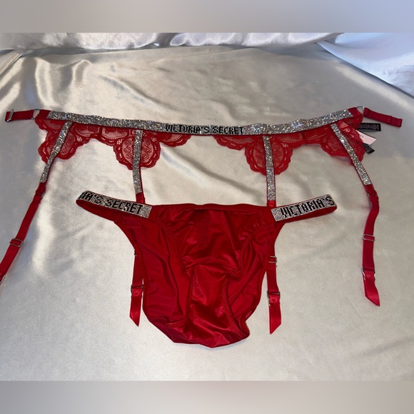 Victoria Secret Very Sexy Garter Belt & Panty Shine Strap Rhinestone Logo Red - Picture 4 of 4